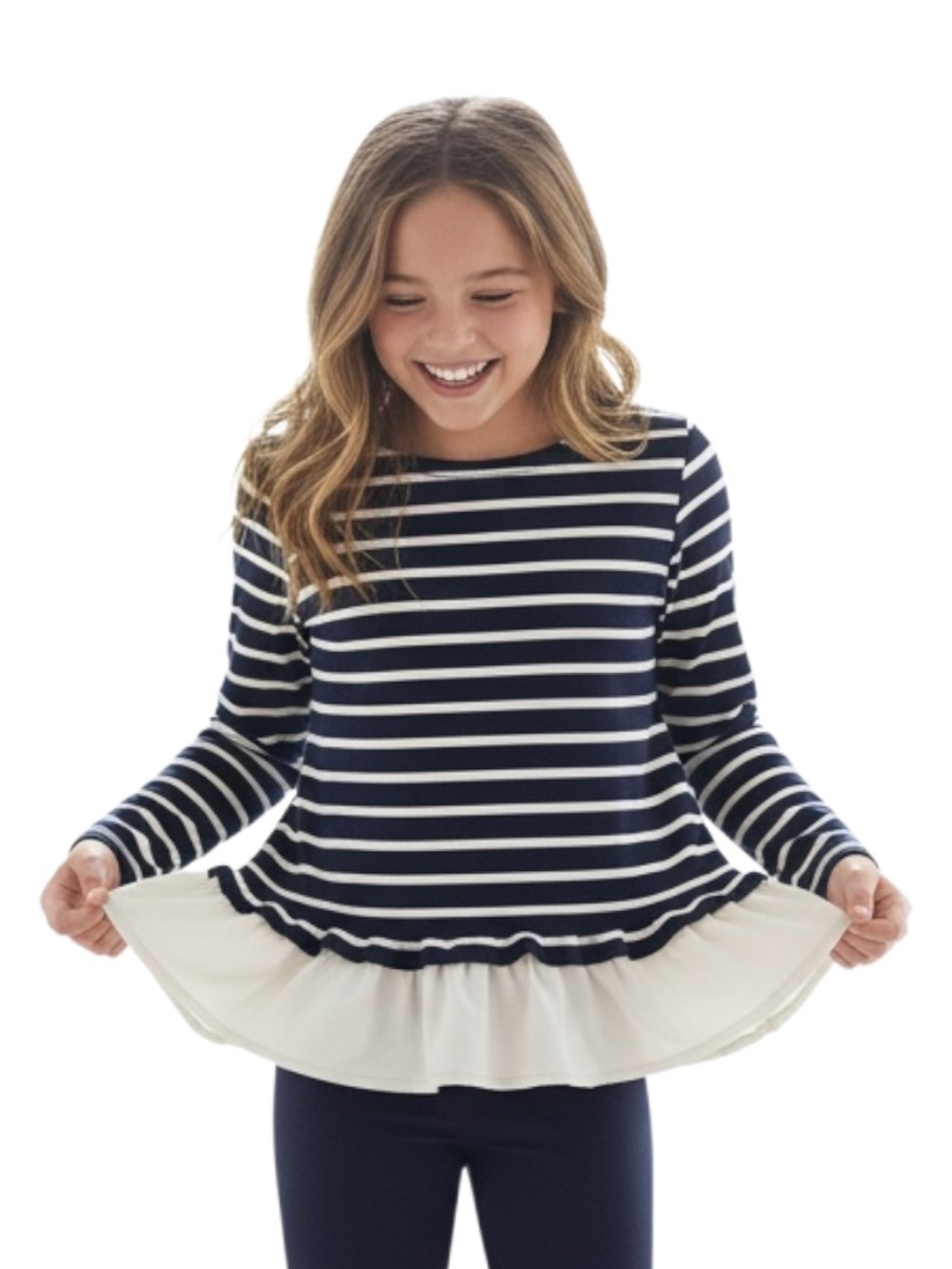 CREWCUTS J Crew 14 L Girls Navy Blue White Striped Top White Ruffle Bottom R $69